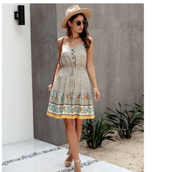 summer dresses Floral V neck Spaghetti strap Backless Button down new - Picture 2 of 9